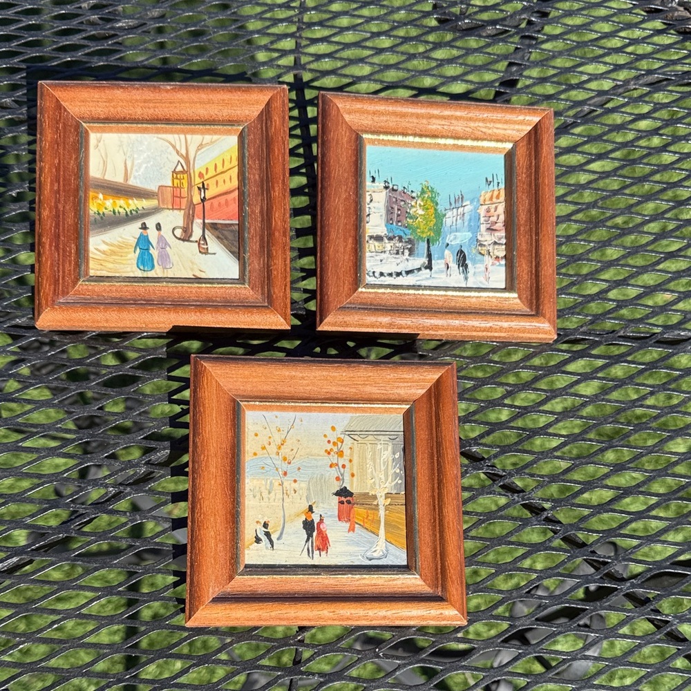 Set of Three Vintage 'Streets of Paris' Framed Miniature Original Oil Paintings